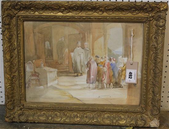 George Cattermole (1800-1868), watercolour, Interior with figures(-)